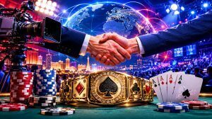 Poker chips and a WSOP-style championship bracelet displayed in a professional broadcast studio with television cameras, stage lighting, and a global network backdrop representing worldwide poker coverage.
