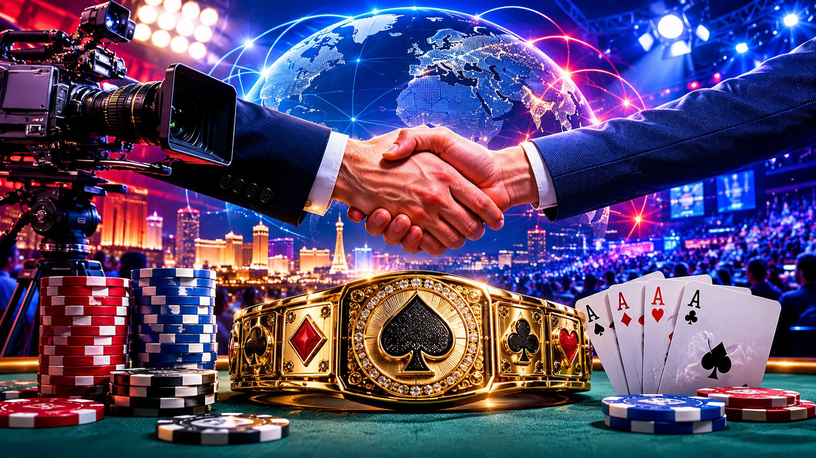 Poker chips and a WSOP-style championship bracelet displayed in a professional broadcast studio with television cameras, stage lighting, and a global network backdrop representing worldwide poker coverage.