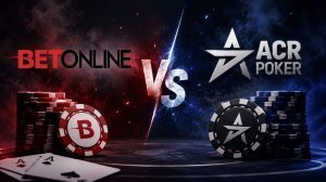 ACR Poker and BetOnline logos displayed in a head-to-head tournament comparison graphic with poker chips and playing cards.