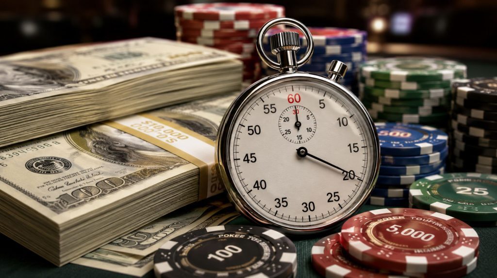 Stopwatch on poker chips and cash illustrating action clock strategy in tournament poker.