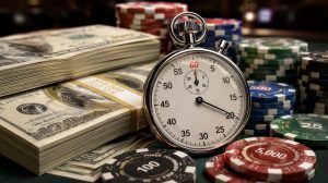 Stopwatch on poker chips and cash illustrating action clock strategy in tournament poker.