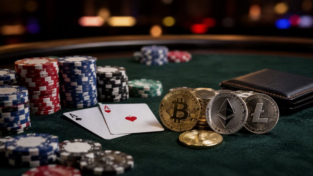 Poker chips, playing cards, and cryptocurrency coins on a poker table, representing online poker deposits and banking options.