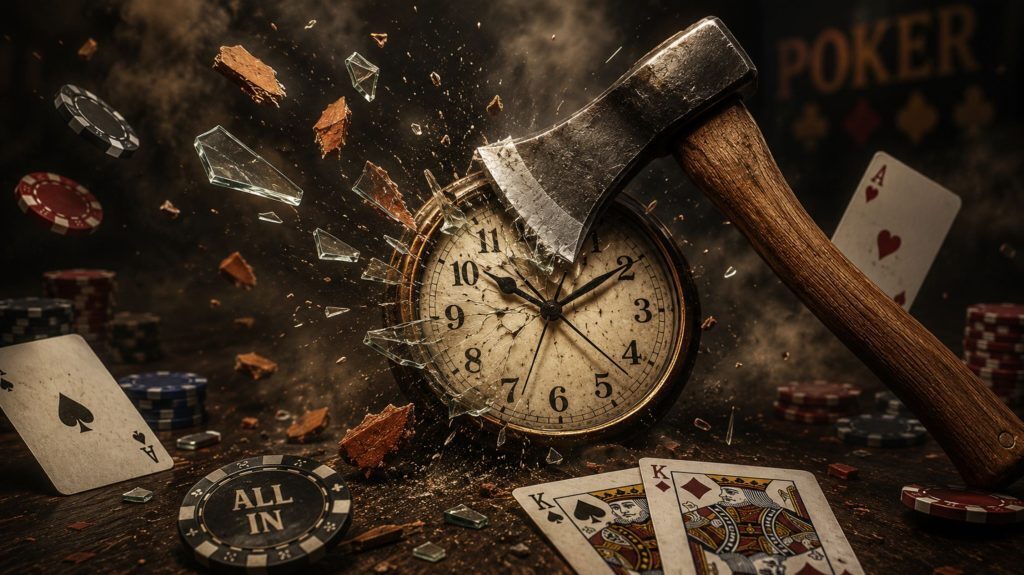 An axe shatters a vintage clock as poker chips, playing cards, and broken glass explode through the air, symbolizing time pressure during a poker game.