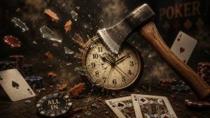 An axe shatters a vintage clock as poker chips, playing cards, and broken glass explode through the air, symbolizing time pressure during a poker game.
