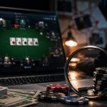Magnifying glass over poker chips and a laptop displaying an online poker table, representing an investigation into offshore poker platforms and player trust.