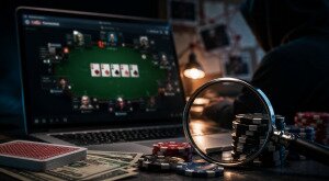 Magnifying glass over poker chips and a laptop displaying an online poker table, representing an investigation into offshore poker platforms and player trust.