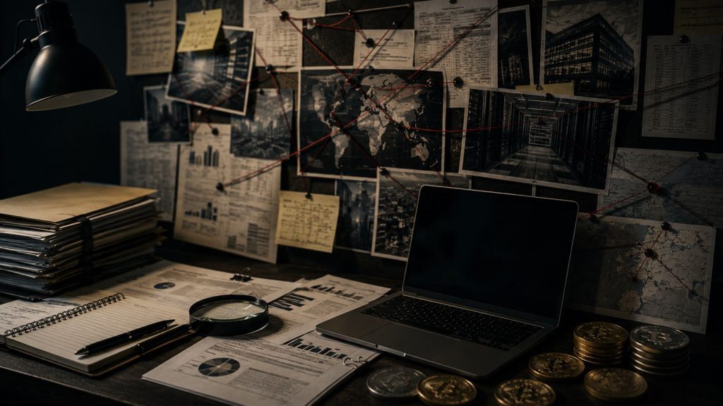 Investigation board with corporate documents, cryptocurrency, maps and red string representing Crispin Rovere’s CoinPoker investigation.