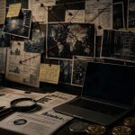 Investigation board with corporate documents, cryptocurrency, maps and red string representing Crispin Rovere’s CoinPoker investigation.