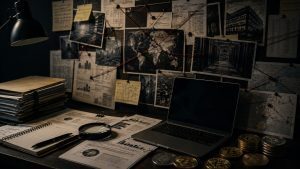 Investigation board with corporate documents, cryptocurrency, maps and red string representing Crispin Rovere’s CoinPoker investigation.