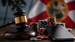 Florida flag behind a judge’s gavel, poker chips, and smartphone representing the lawsuit against Global Poker owner VGW.