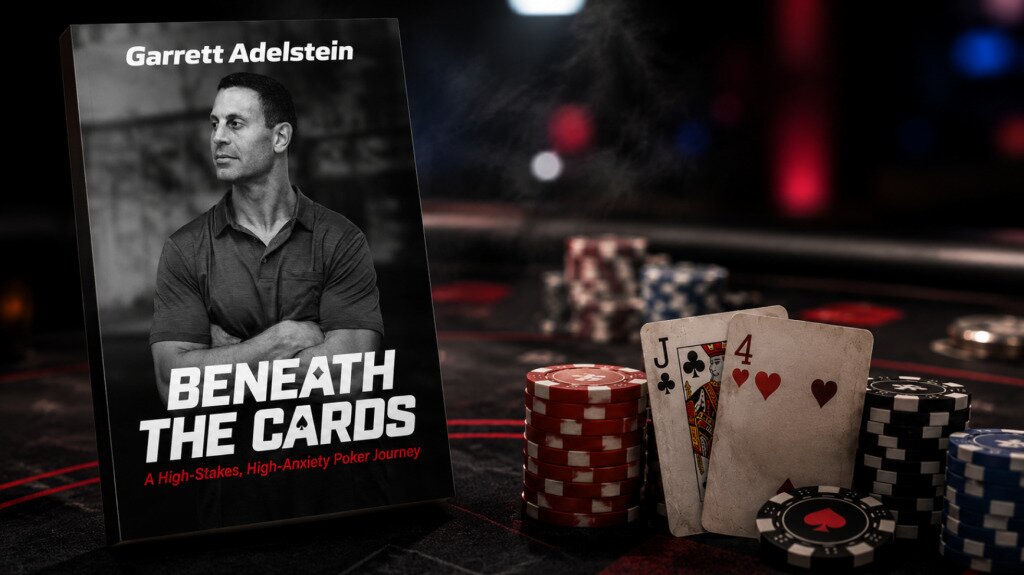Garrett Adelstein’s Beneath the Cards memoir alongside poker chips and the Jack-Four hand.