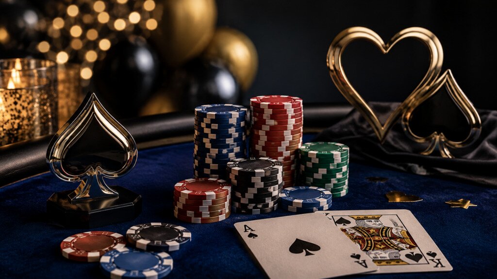 Poker chips, playing cards and gold decorations at a charity poker event.