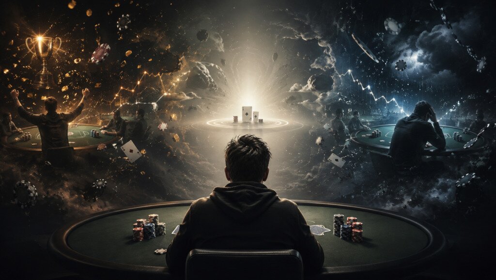 Poker player sits between contrasting visions of winning and losing, representing the psychological battle between rational decisions and emotional narratives.