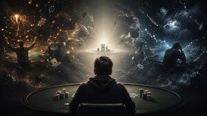 Poker player sits between contrasting visions of winning and losing, representing the psychological battle between rational decisions and emotional narratives.