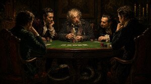 Older poker player appears harmless while a hidden serpent beneath the table symbolizes deception and the art of being underestimated.