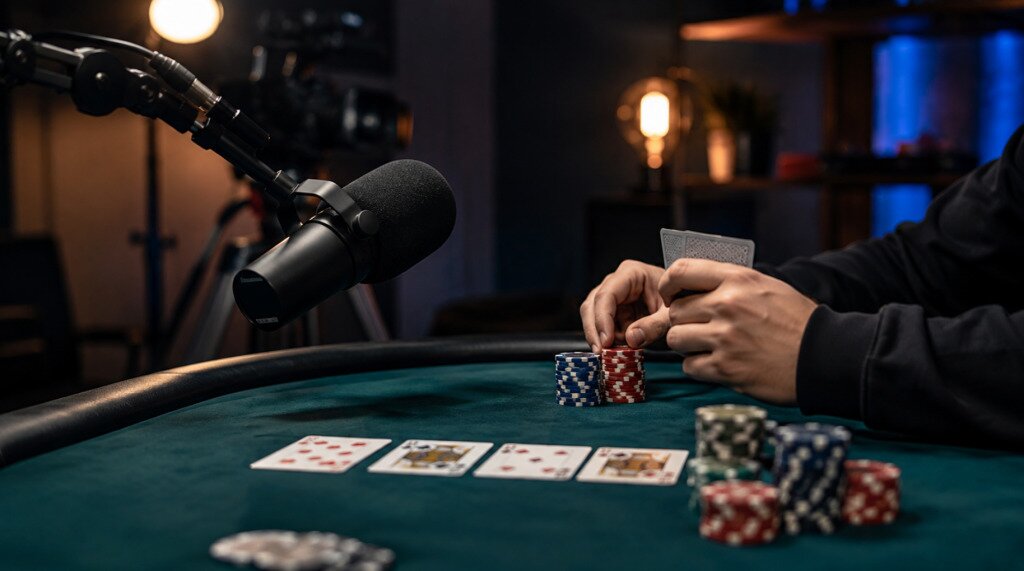 Podcast microphone beside a poker table with cards and chips during a game.