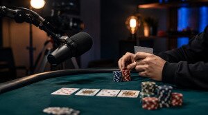 Podcast microphone beside a poker table with cards and chips during a game.