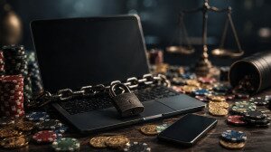 Sweepstakes casino shutdown concept with a chained laptop, padlock, casino chips, coins, and scales of justice.
