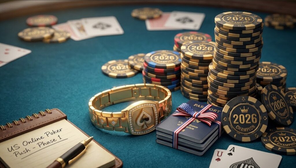 Poker championship bracelet, chip stacks and U.S. passports representing Lucas Jumalon’s push for regulated online poker.