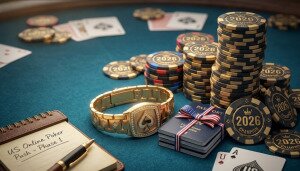 Poker championship bracelet, chip stacks and U.S. passports representing Lucas Jumalon’s push for regulated online poker.