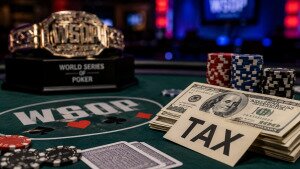 WSOP poker table with championship bracelet, poker chips, cash and a tax card representing taxes on Main Event winnings.