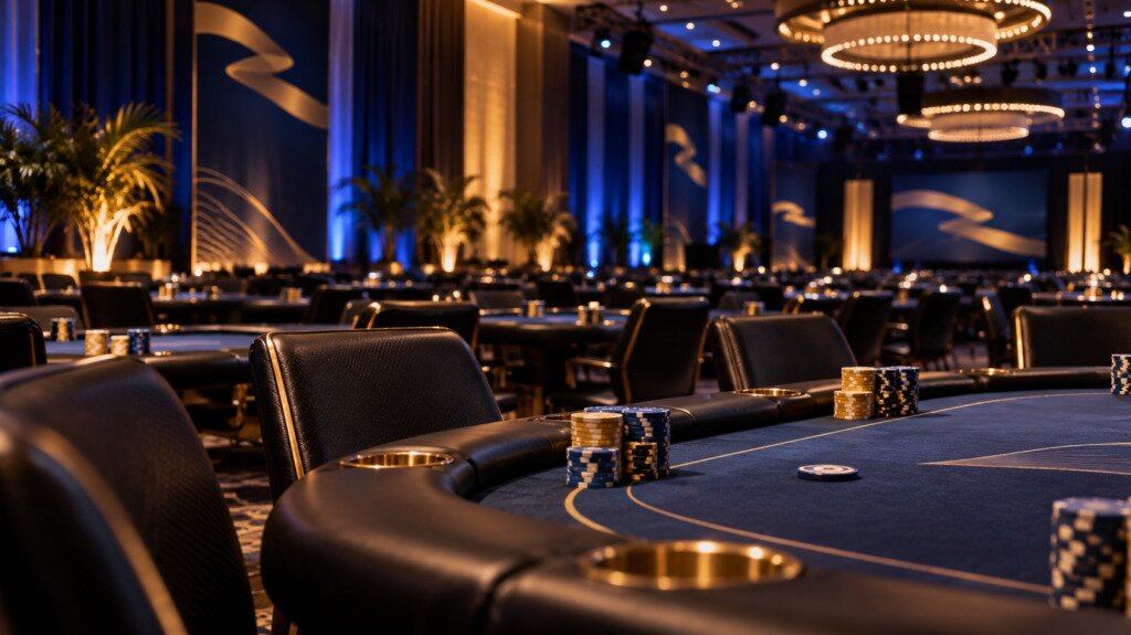 Poker tournament tables set up for the 2026 BetRivers Poker Championship.