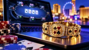Gold poker bracelet with poker chips and an online poker table representing the 2026 WSOP Online Fall Festival.