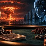 Poker table with chips and cards set against nuclear and AI imagery representing extinction anxiety.