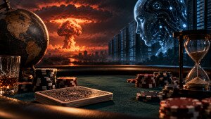 Poker table with chips and cards set against nuclear and AI imagery representing extinction anxiety.