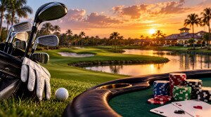 Golf clubs, poker chips and playing cards overlooking a Florida golf course at sunset, representing the 2027 Cards & Clubs Invitational.