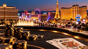 ClubWPT Gold Nevada exit represented by a poker table overlooking the Las Vegas Strip.
