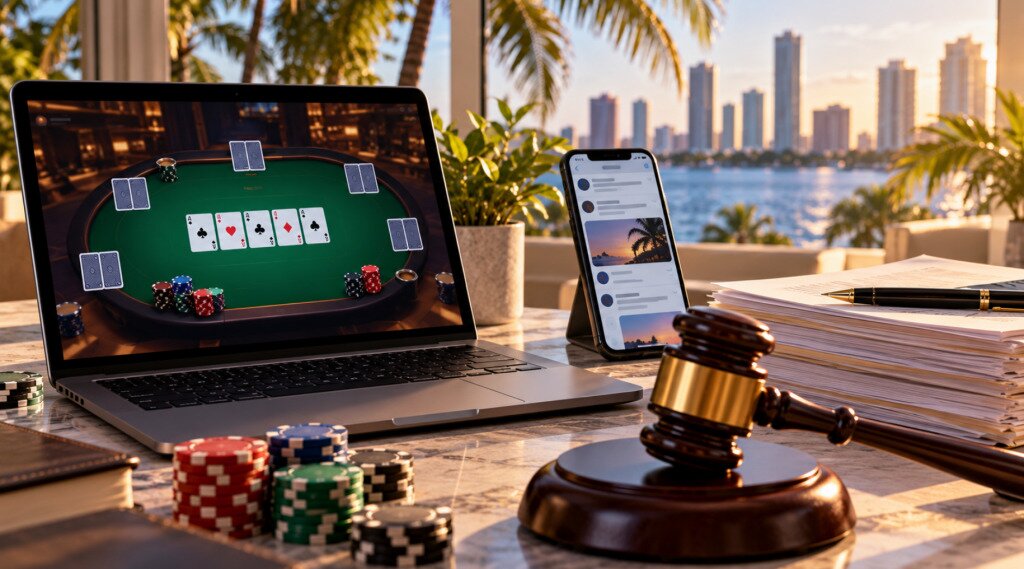 Florida sweepstakes casino ads crackdown illustrated by the state seal and a laptop displaying an online poker lobby.