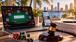 Florida sweepstakes casino ads crackdown illustrated by the state seal and a laptop displaying an online poker lobby.