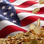 Gold coins falling onto a pile against a waving American flag.
