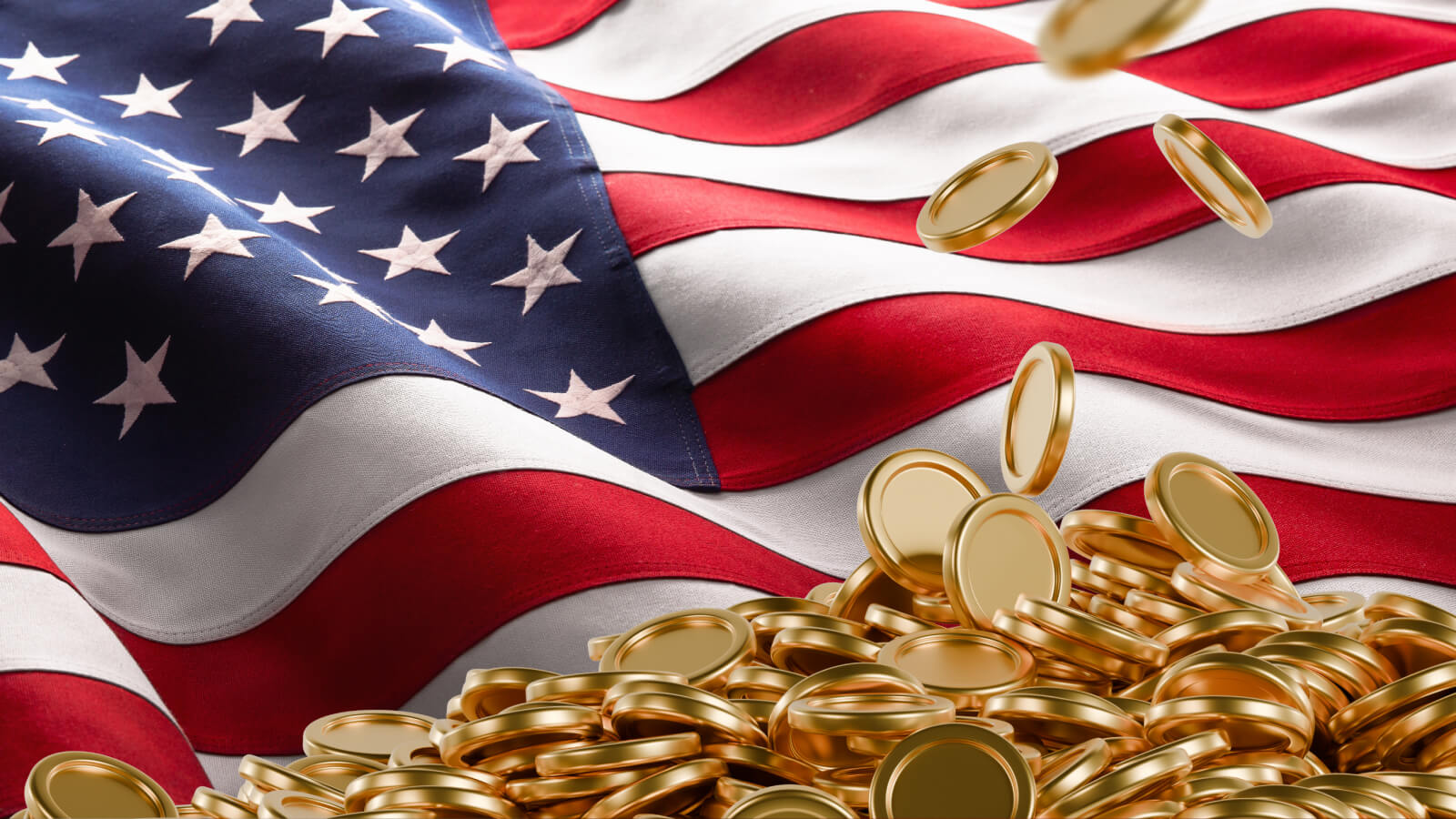 Gold coins falling onto a pile against a waving American flag.