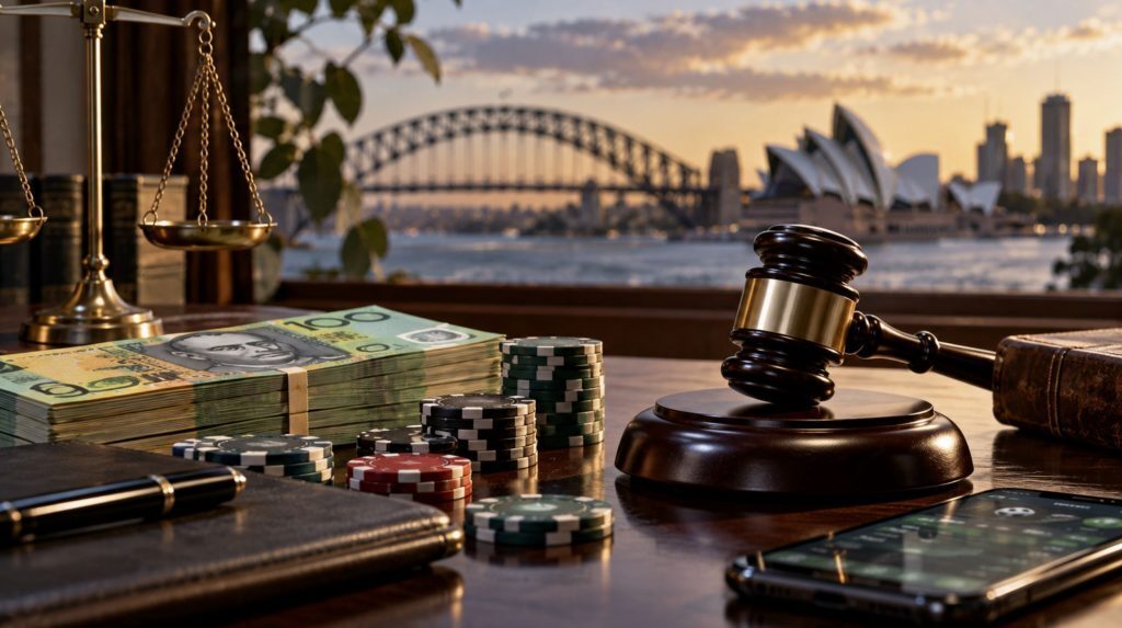 Judge’s gavel, poker chips and Australian cash representing Gary Benson’s gambling debt court case.
