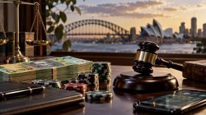 Judge’s gavel, poker chips and Australian cash representing Gary Benson’s gambling debt court case.