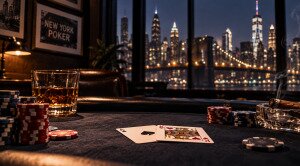 Poker table with cards and chips overlooking the New York City skyline at night.