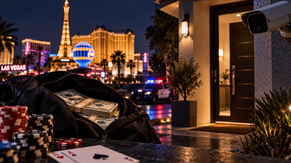 Poker chips, cash, a Las Vegas rental home, and police lights representing the Jared Griener WSOP robbery investigation.