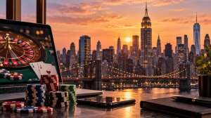 New York City skyline with online casino games and poker chips representing stalled iGaming legislation.