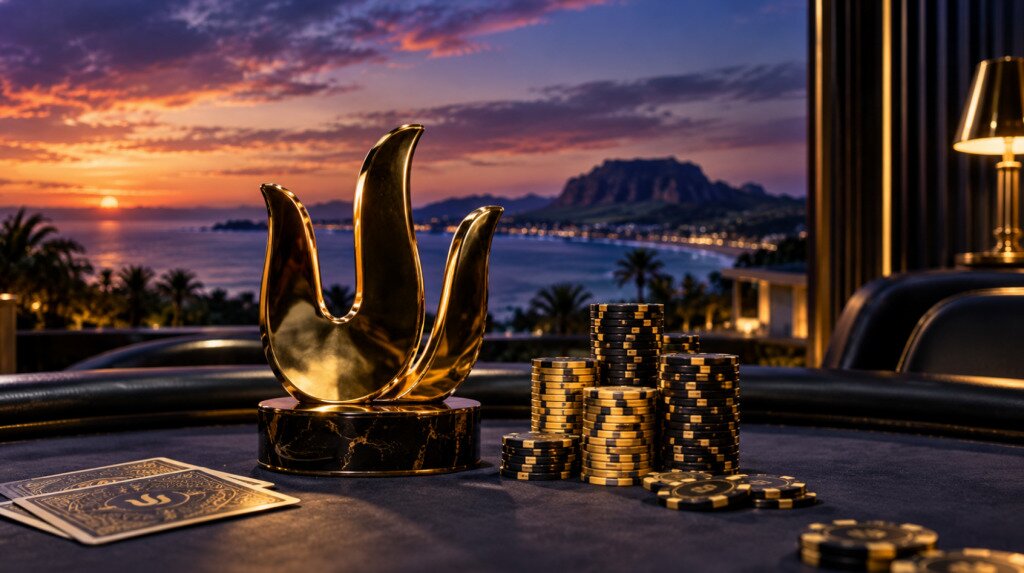Poker trophy and stacks of chips on a table overlooking a coastal sunset.