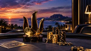 Poker trophy and stacks of chips on a table overlooking a coastal sunset.