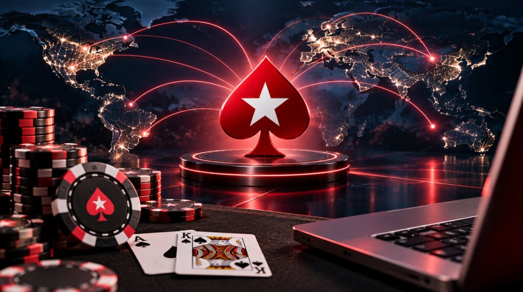 PokerStars Network concept showing connected global poker markets, poker chips, and playing cards.
