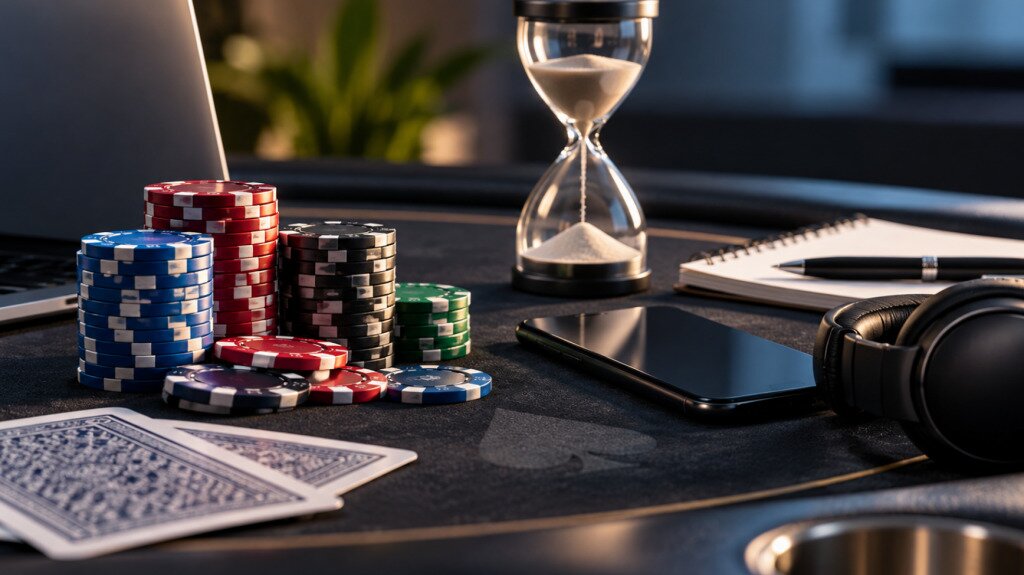 Poker chips, playing cards, an hourglass, and a smartphone representing responsible gambling tools and time limits.