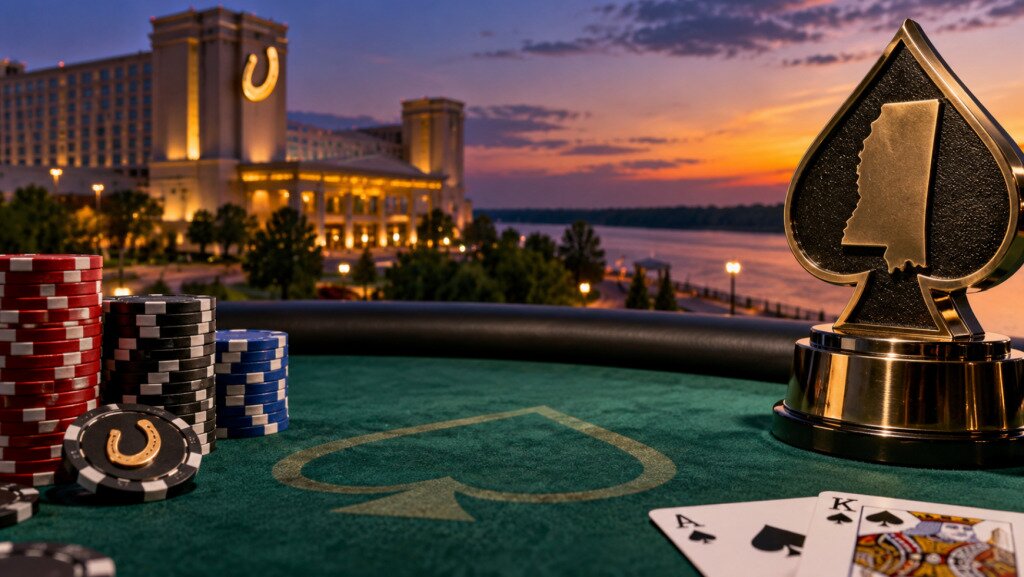 RGPS Mississippi Poker Championship at Horseshoe Tunica with poker chips, cards, and a Mississippi trophy.