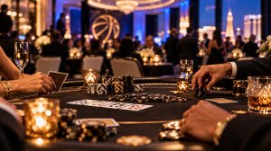 Poker tables and guests at a Las Vegas charity poker night inspired by Russell Westbrook’s Why Not? Foundation event.
