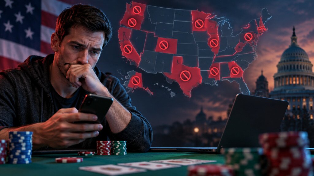 Poker player checks a phone as US states impose new restrictions on sweepstakes poker.