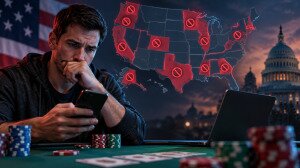 Poker player checks a phone as US states impose new restrictions on sweepstakes poker.