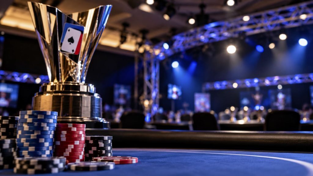 Poker chips and championship trophy representing the WPT LAPC return to Commerce Casino in 2027.