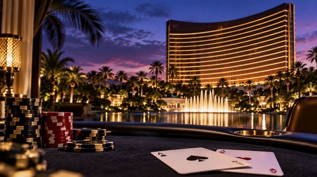 Poker chips and playing cards overlooking Wynn Las Vegas ahead of the 2026 WPT World Championship.